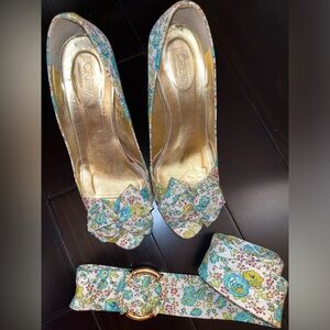 J Crew Collection floral silk peep toe heels with matching belt